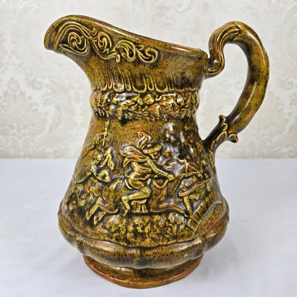 Tam O'Shanter Brown Water Pitcher Robert Burns Poem Relief Ceramic Signed Vtg